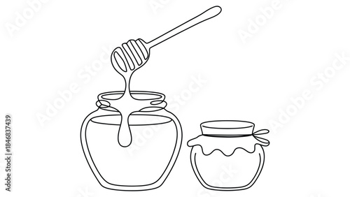 minimal continuous line honey jar with dipper illustration representing natural sweetness, organic food, beekeeping and healthy lifestyle concept