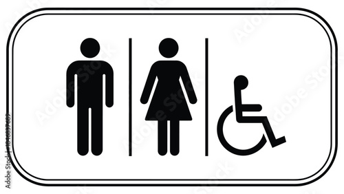 public restroom sign with male female and wheelchair symbols representing accessible toilet facilities, disability access and inclusive signage