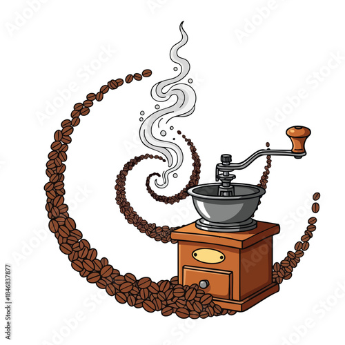 Vintage coffee grinder with aromatic steam and cascading beans creating a rustic coffee ritual illustration