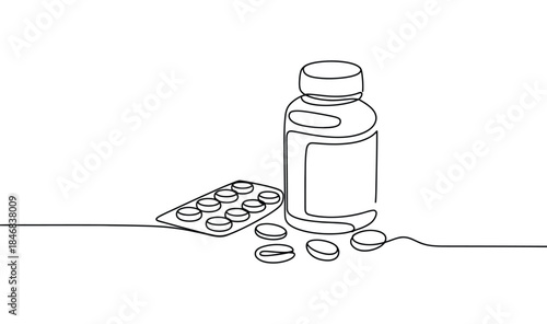 minimal continuous line medicine bottle with pills illustrating healthcare, pharmacy treatment, medical dosage and wellness concept