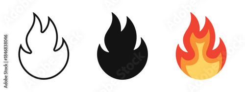 Fire icon set representing heat, energy, and danger. Vector illustration of flames in outline, solid black, and orange styles
