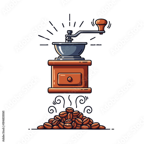 Vintage manual coffee grinder in action creating fragrant aroma over roasted coffee beans illustrating the craft of coffee preparation
