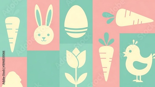 Pastel Easter Pattern with Bunny, Egg, Carrot, Chick, and Tulip.
