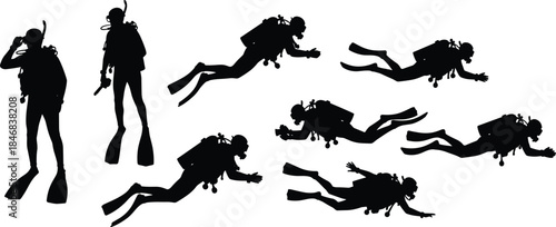 Scuba diver silhouette collection illustrating underwater swimming poses, professional diving equipment, black marine adventure action set for design projects branding