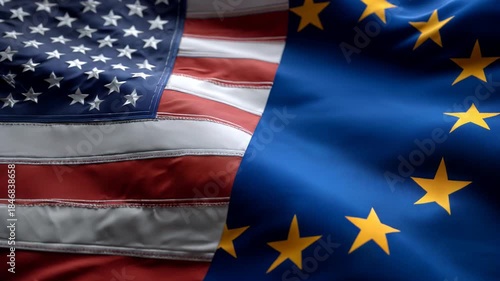 us flag and eu flag waving together. relations between the usa and the european union. cooperation trade partners transatlantic partnership common policies western nations