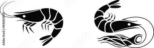 Shrimp silhouette illustration set, black prawn seafood icons in motion, minimal monochrome design for logo branding use