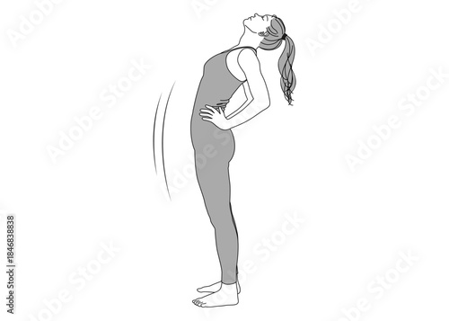 ストレッチ 腰に手を当て状態を反らして伸びをする女性のイラスト 全身横向き モノクロ
