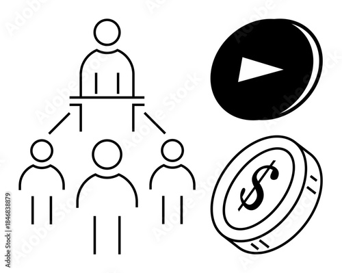 Business management, marketing strategies, leadership hierarchy, financial systems, media services, teamwork dynamics. Diagram of a leader overseeing a team with monetary and media symbols. Business