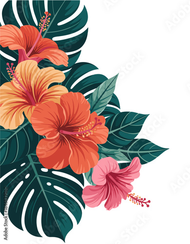 Modern tropical illustration with vibrant hibiscus flowers and lush monstera leaves in a corner composition on transparent background.