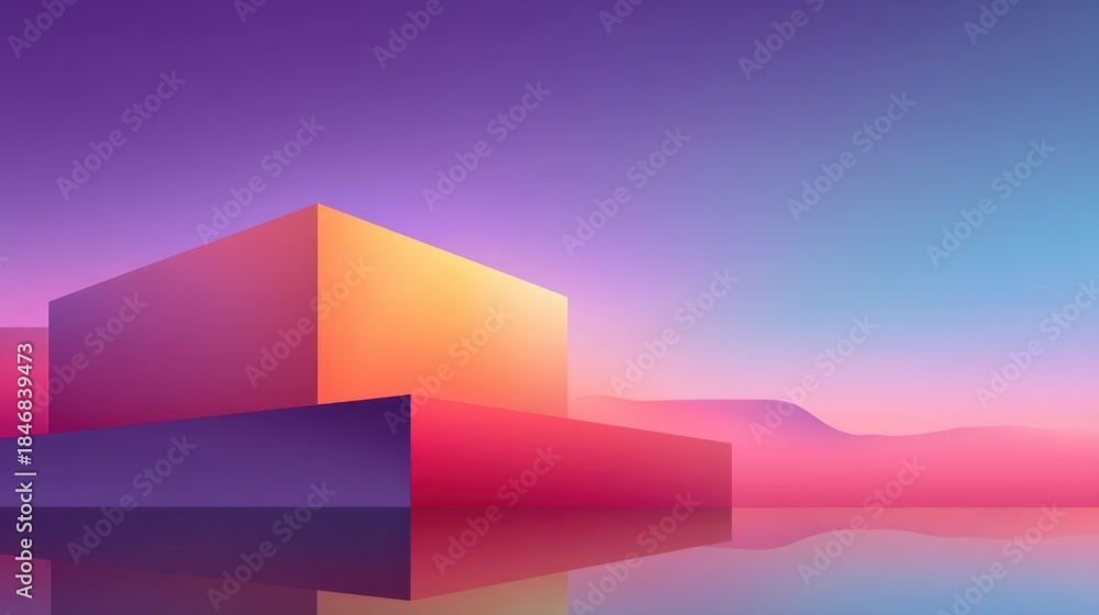 Fototapeta premium Abstract geometric shapes with vibrant gradients and reflections on water, creating a serene and captivating landscape in twilight hues