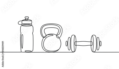 minimal line art fitness equipment with water bottle, kettlebell and dumbbells, healthy workout and gym lifestyle illustration