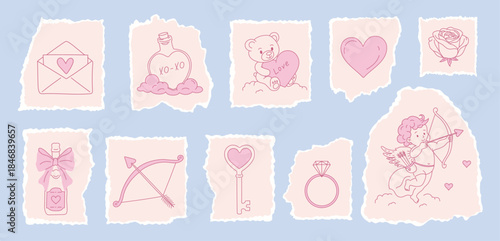Happy valentine day paper vector love sticker set: cute bear,hearts,Cupid,Cupid's arrow,letter,rose,potion,cloud,bow,champagne bottle.Torn textures, cut-and-tear edges, perfect for web digital design.