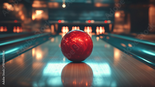 Vibrant red bowling ball on illuminated lane in modern bowling alley