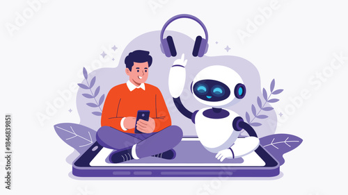 young man using smartphone with friendly ai robot assistant, modern artificial intelligence technology concept flat vector illustration