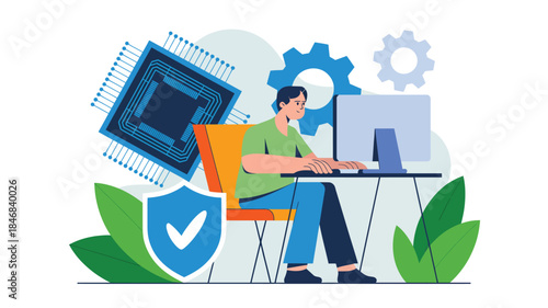 flat illustration of cyber security expert working on computer with processor chip and shield icon, data protection and secure technology concept