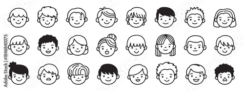 Extensive collection of cute children's face icons in line art style, featuring diverse expressions and hairstyles