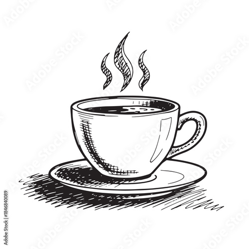Hand-drawn sketch of a steaming cup of coffee on a saucer, featuring textured hatching and strong lines