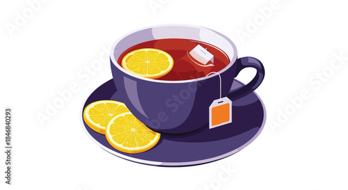 Cozy purple cup of black tea with a tea bag and fresh lemon slices on a saucer isolated on a white background for a warm drink.