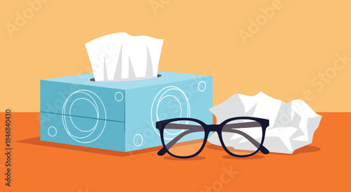 Still life illustration of a box of tissues a crumpled tissue and eyeglasses for cold flu or allergy concepts.