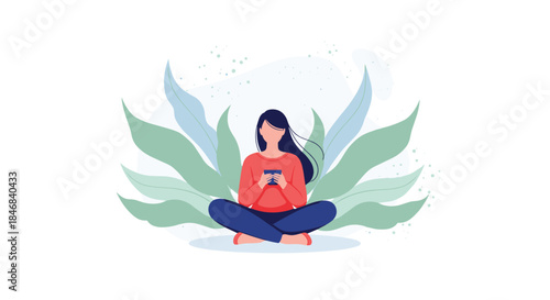 Woman sitting cross-legged using a smartphone surrounded by large plant leaves representing digital connection and nature.