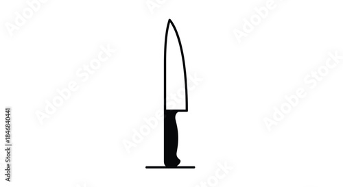 Minimalist black and white icon of a chef's knife standing upright for cooking and culinary graphic design elements.