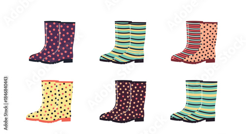 Set of six pairs of colorful and patterned rubber rain boots or wellingtons for wet weather and autumn fashion.