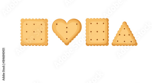 Set of four crispy snack crackers in different shapes including square heart and triangle on a white background.