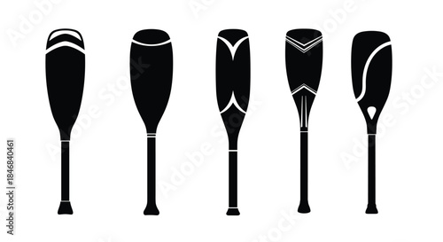 Set of five black silhouettes of canoe or kayak paddles with different blade designs for water sports and recreation.