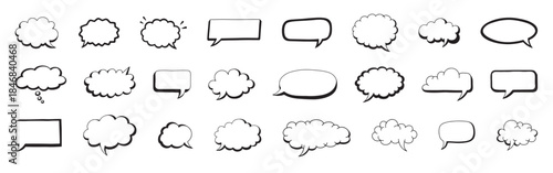 Variety of blank comic speech bubbles and clouds in a hand-drawn doodle style, ready for custom text