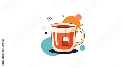 Modern flat design illustration of a clear glass mug of hot tea with a tea bag and abstract colorful background shapes.