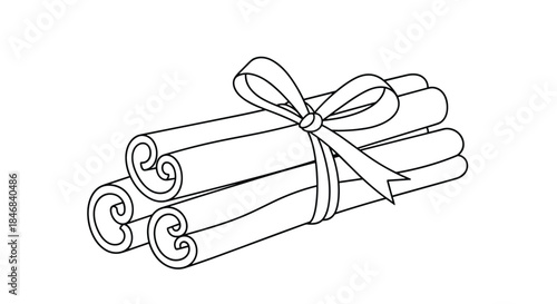 Black and white line art illustration of a bundle of cinnamon sticks tied together with a ribbon for culinary use.