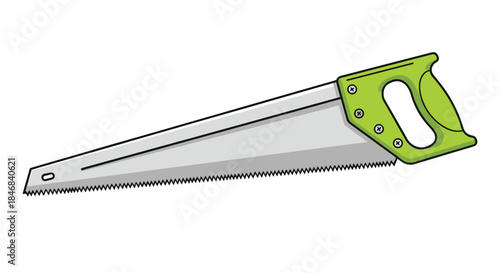 Colorful cartoon illustration of a hand saw with a green handle used for carpentry and woodworking on white background.