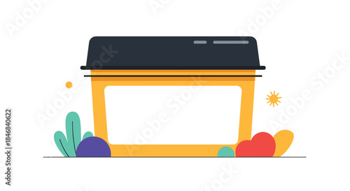 Modern flat design illustration of a cosmetic cream jar with a blank label for branding and abstract decorative elements.