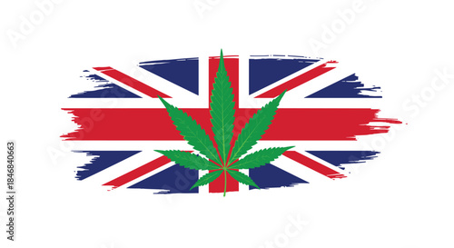 Green cannabis sativa leaf illustration over a grunge-style Union Jack flag representing marijuana legalization in the UK.