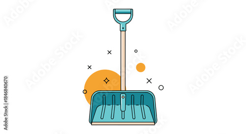 Modern cartoon illustration of a blue snow shovel with a wooden handle for clearing snow in winter weather.