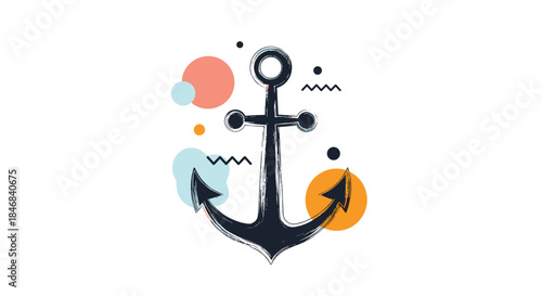 Modern abstract design with a grunge-style naval anchor and colorful geometric shapes for a contemporary nautical theme.