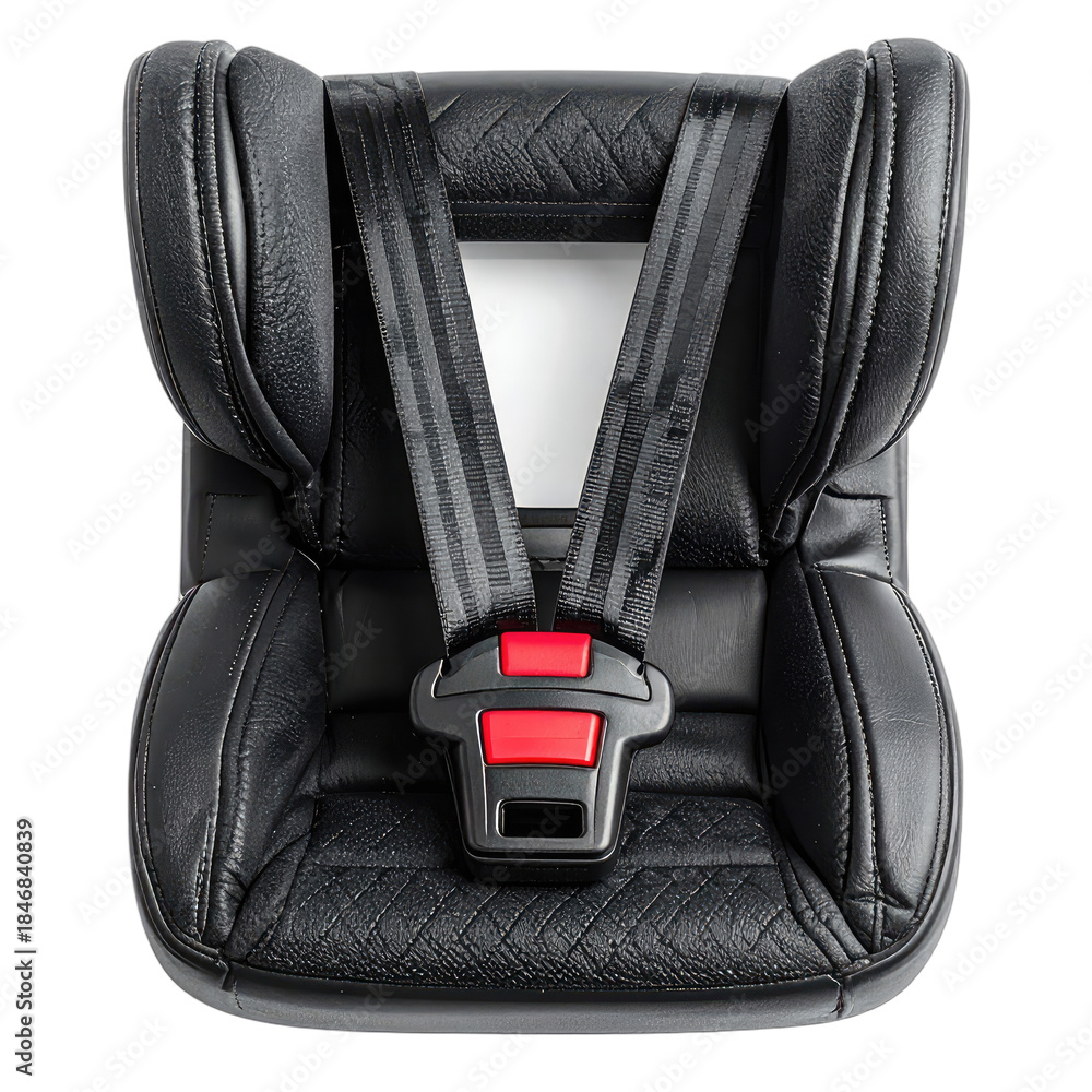Naklejka premium Close-up view of a black child safety car seat harness against a dark background.