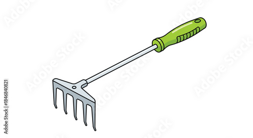 Simple cartoon illustration of a small garden hand rake with a green handle and metal tines used for cultivating soil in a garden.