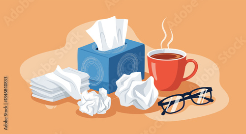 Cozy still life illustration for cold and flu season with a box of tissues a hot drink and glasses on a warm orange background.