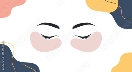 Woman's closed eyes with pink hydrogel patches underneath for a relaxing beauty and skincare treatment with abstract background shapes.