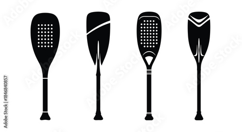 Set of four black silhouettes of different padel and pickleball paddles showing various shapes and designs for sports equipment icons.