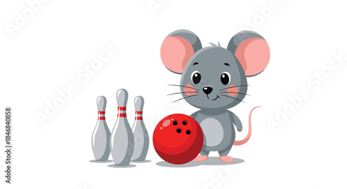 Adorable cartoon mouse character ready to play bowling holding a red ball next to three pins in a fun and playful vector illustration.