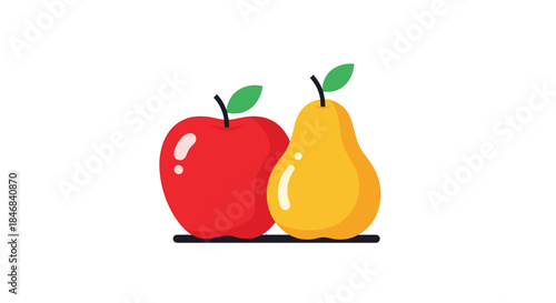 Simple and clean flat vector icon of a fresh red apple and a ripe yellow pear sitting side by side representing healthy eating.