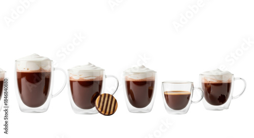 six steaming double-walled thermal mugs and thick espresso glasses filled with dark hot chocolate and whipped cream, set on a transparent background, high key studio shot, concept for luxury winter