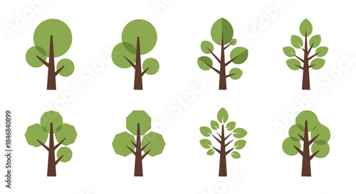 Collection of eight simple and modern stylized trees with geometric crowns and brown trunks isolated on a white background vector set.