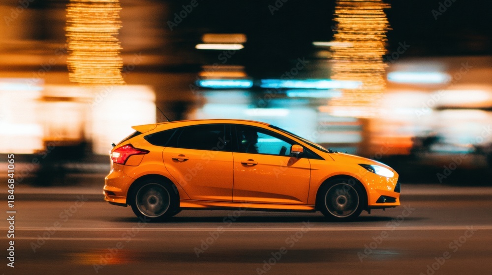 Fototapeta premium Orange car moves fast on city street at night