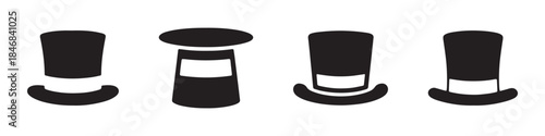 A collection of top hat icons in black silhouette, showing various designs and perspectives