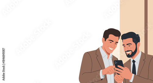 Two Happy Businessmen Looking at Smartphone Vector Illustration
