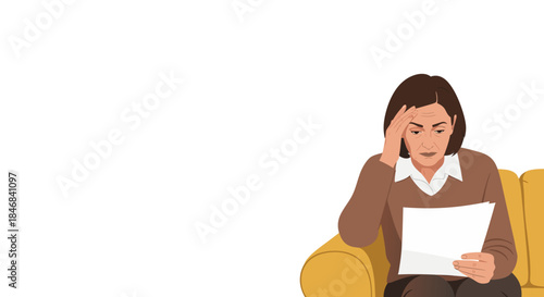 Stressed Mature Woman Reading Bad News or Bills Vector Illustration