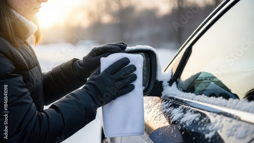 She is wiping the side mirror covered in snow.